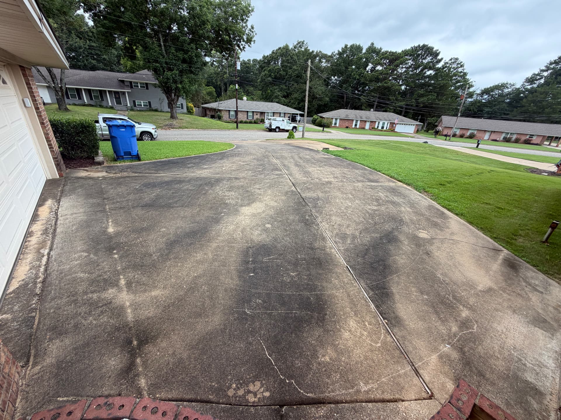 Concrete driveway before pressure washing, darkened with dirt and algae