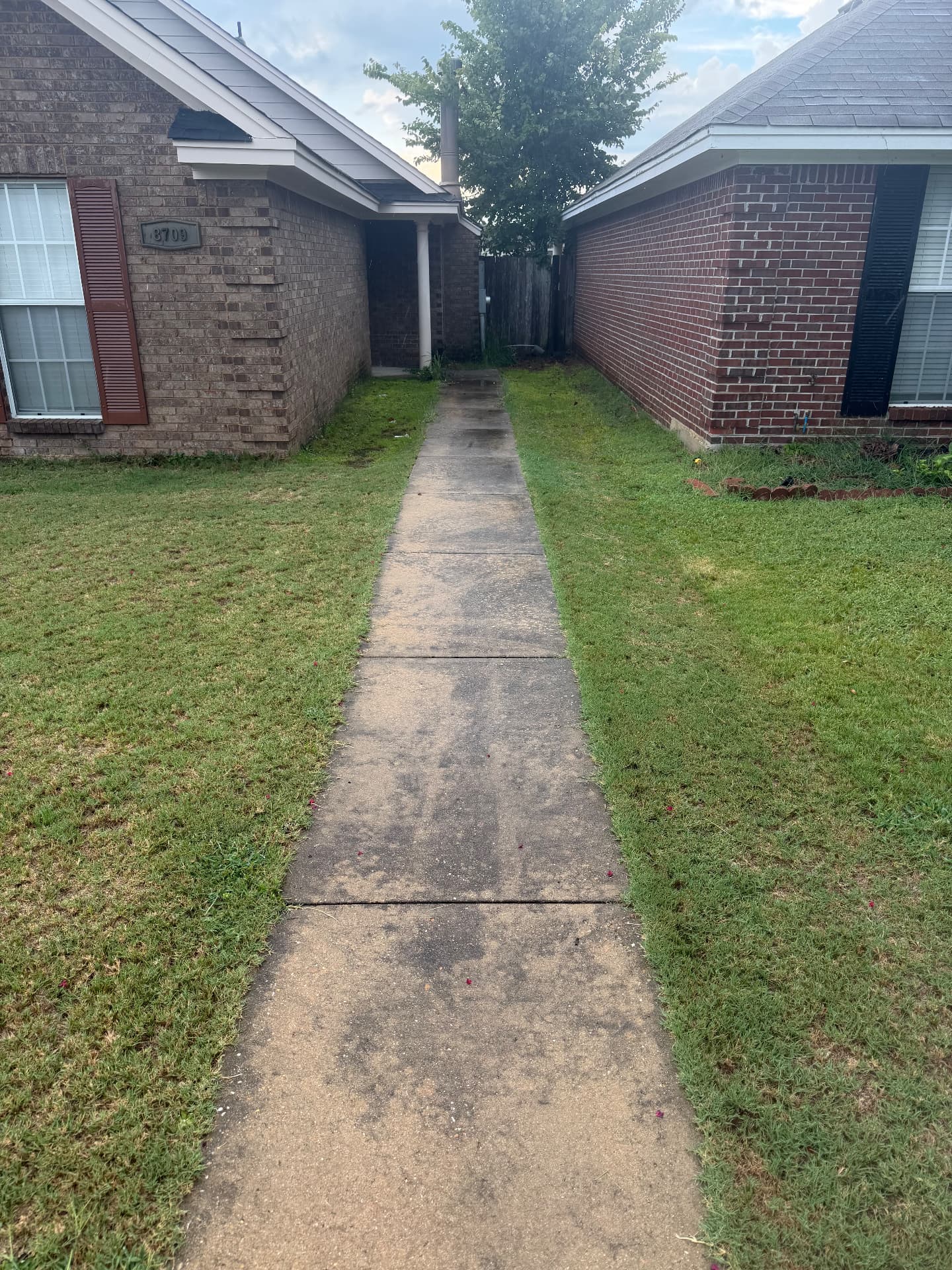 Concrete walkway between two homes before pressure washing, stained and gray